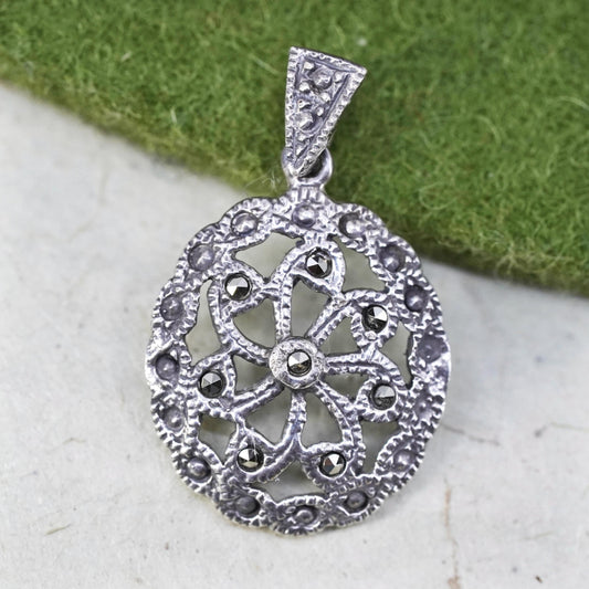 vintage sterling silver handmade pendant, 925 rose flower with marcasite