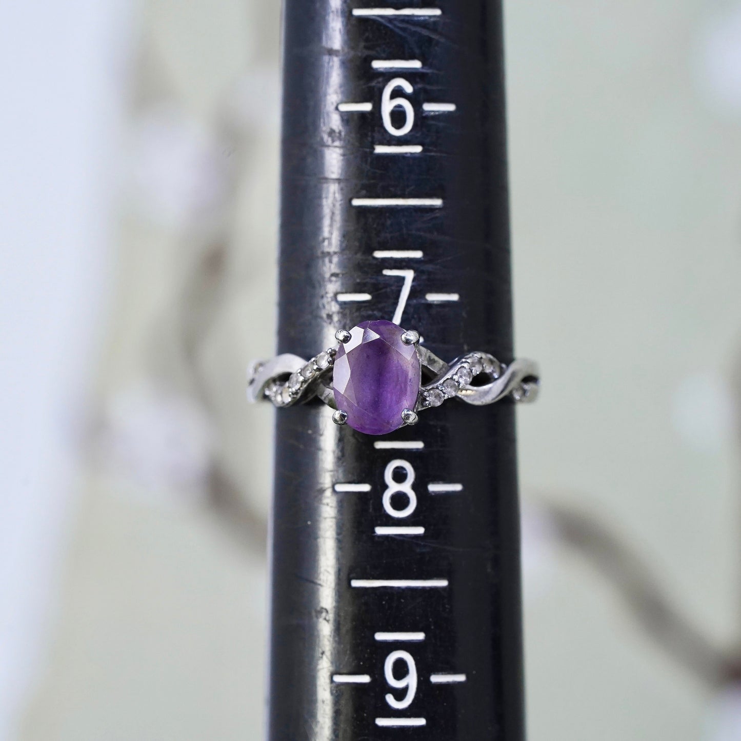 Size 7.5, vintage Sterling 925 silver handmade ring with amethyst and cz