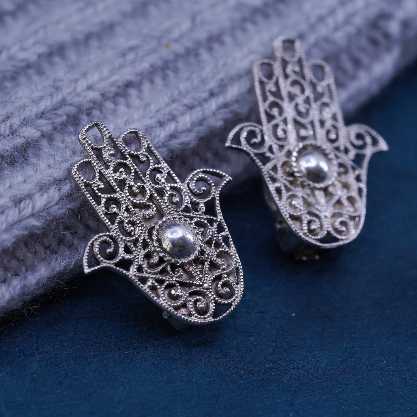 Vintage Sterling silver handmade filigree earrings, 925 healing hand clip on