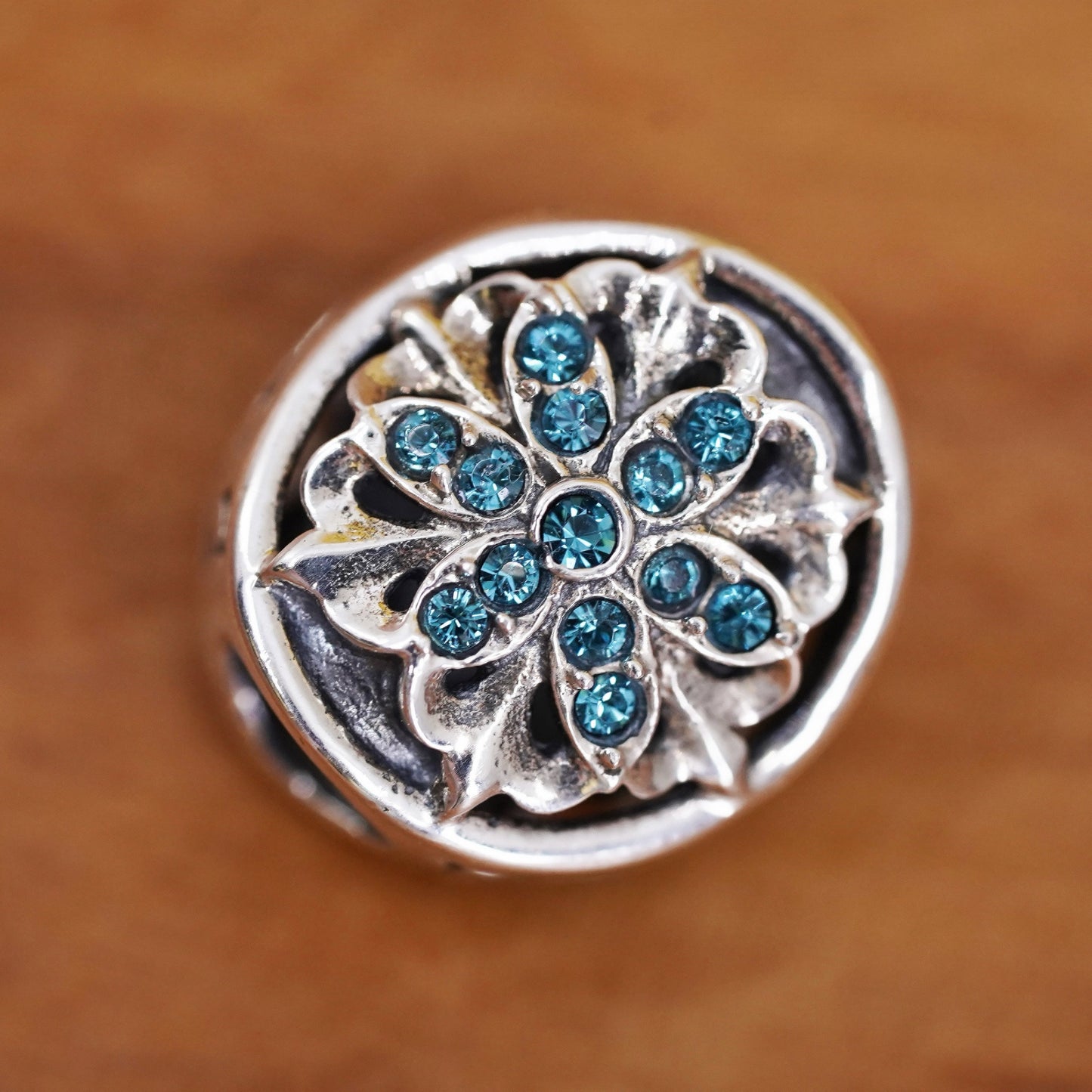 Vintage Sterling 925 silver handmade pendant bead flower charm with blue cz