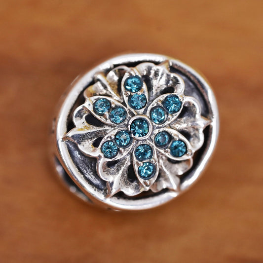 Vintage Sterling 925 silver handmade pendant bead flower charm with blue cz