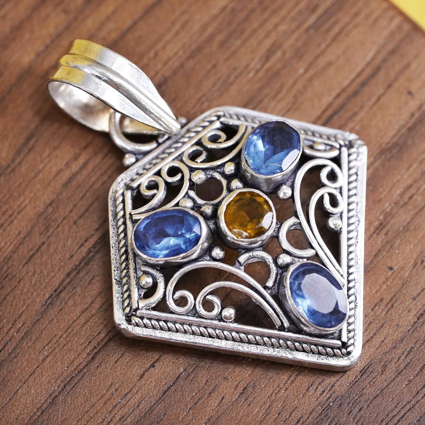 Vintage Sterling silver pendant, 925 filigree diamond with amethyst and topaz