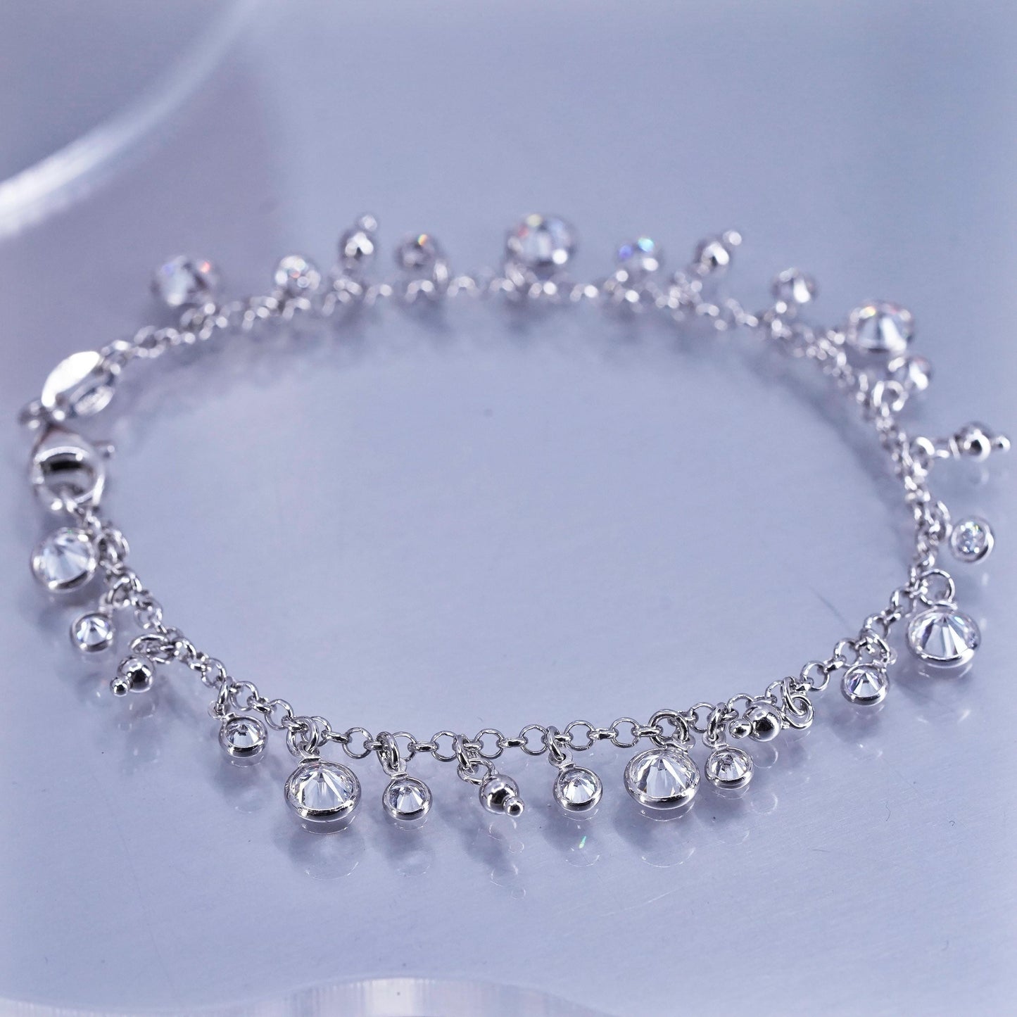 7.5”. Jewelry Sterling 925 silver bracelet, circle chain with cluster cz charms