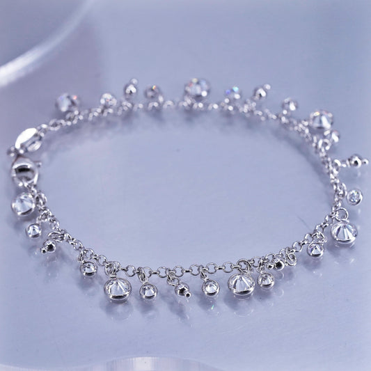 7.5”. Jewelry Sterling 925 silver bracelet, circle chain with cluster cz charms