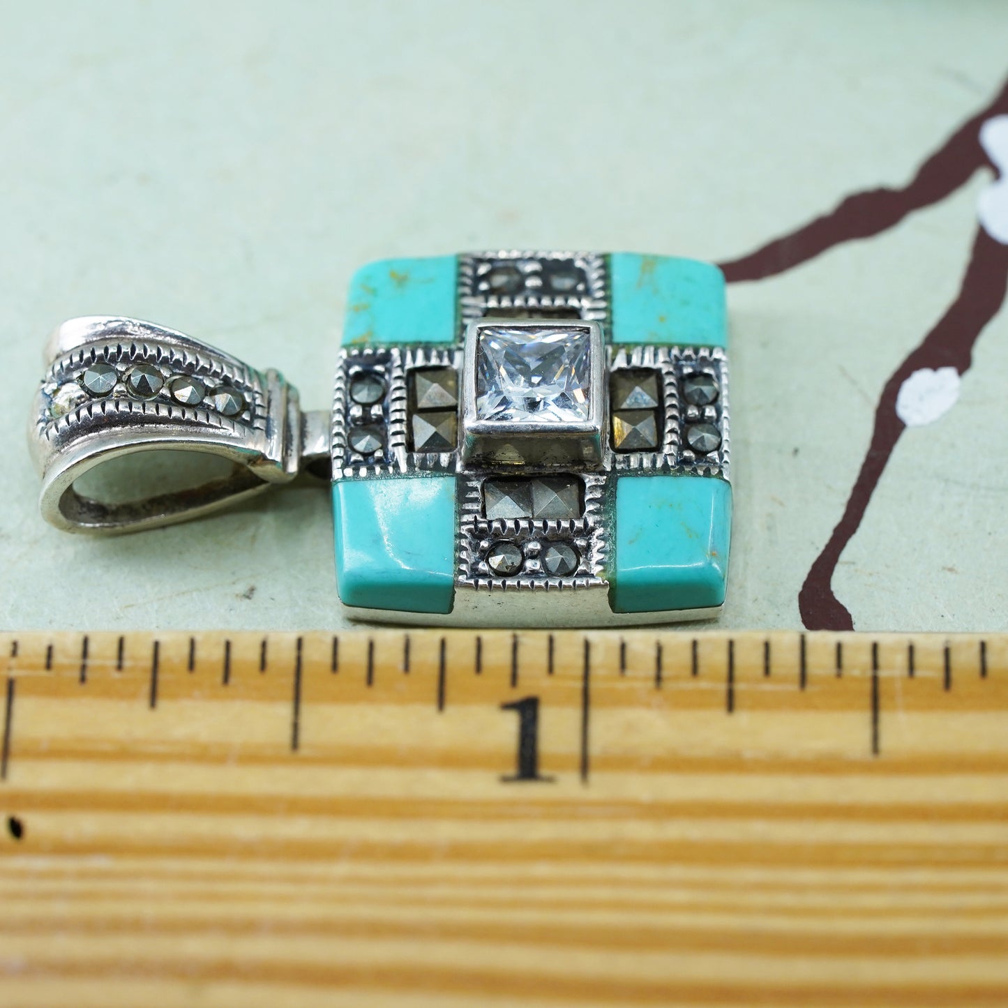 vtg Sterling Silver 925 handmade square pendant with turquoise marcasite and cz