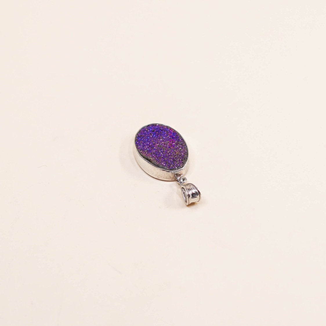 VTG handmade sterling silver pendant, Mexico 925 w/ oval blue N purple druzy