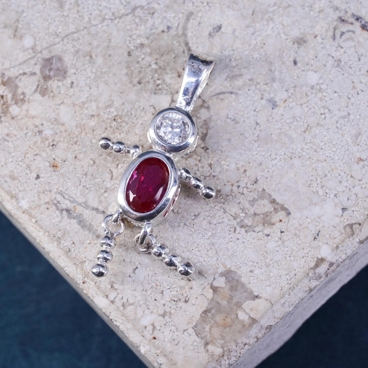 Sterling silver handmade birthstone pendant, 925 boy figure with ruby