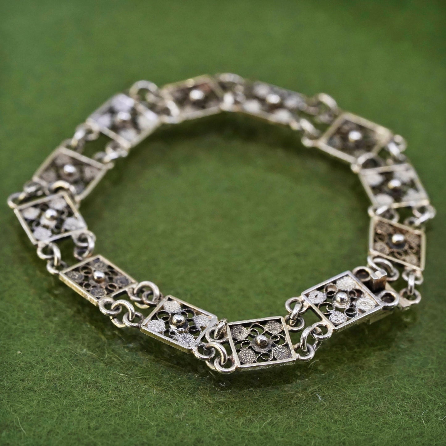 6.5", vintage Italian sterling silver bracelet, 800 filigree flower link chain