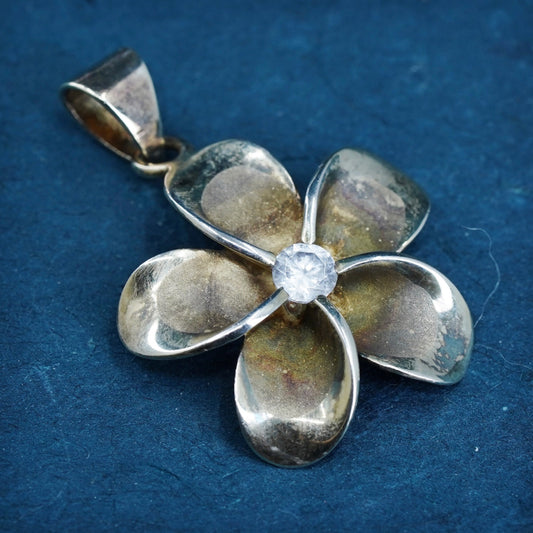 Vintage Sterling silver handmade pendant, 925 plumeria flower with cz