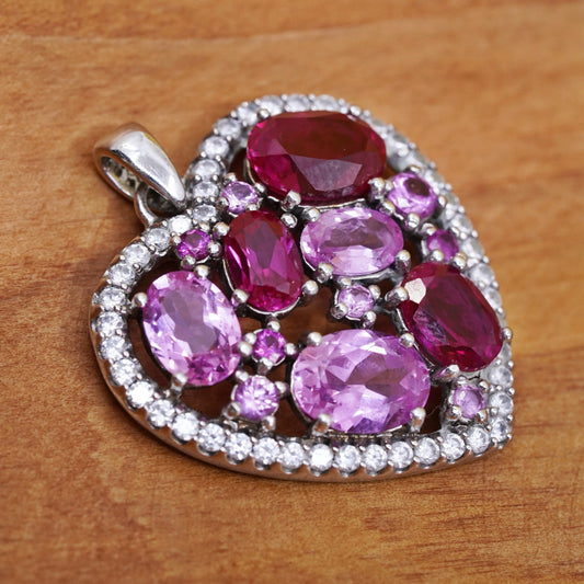 Vintage Sterling 925 silver handmade pendant heart cluster ruby pink crystal