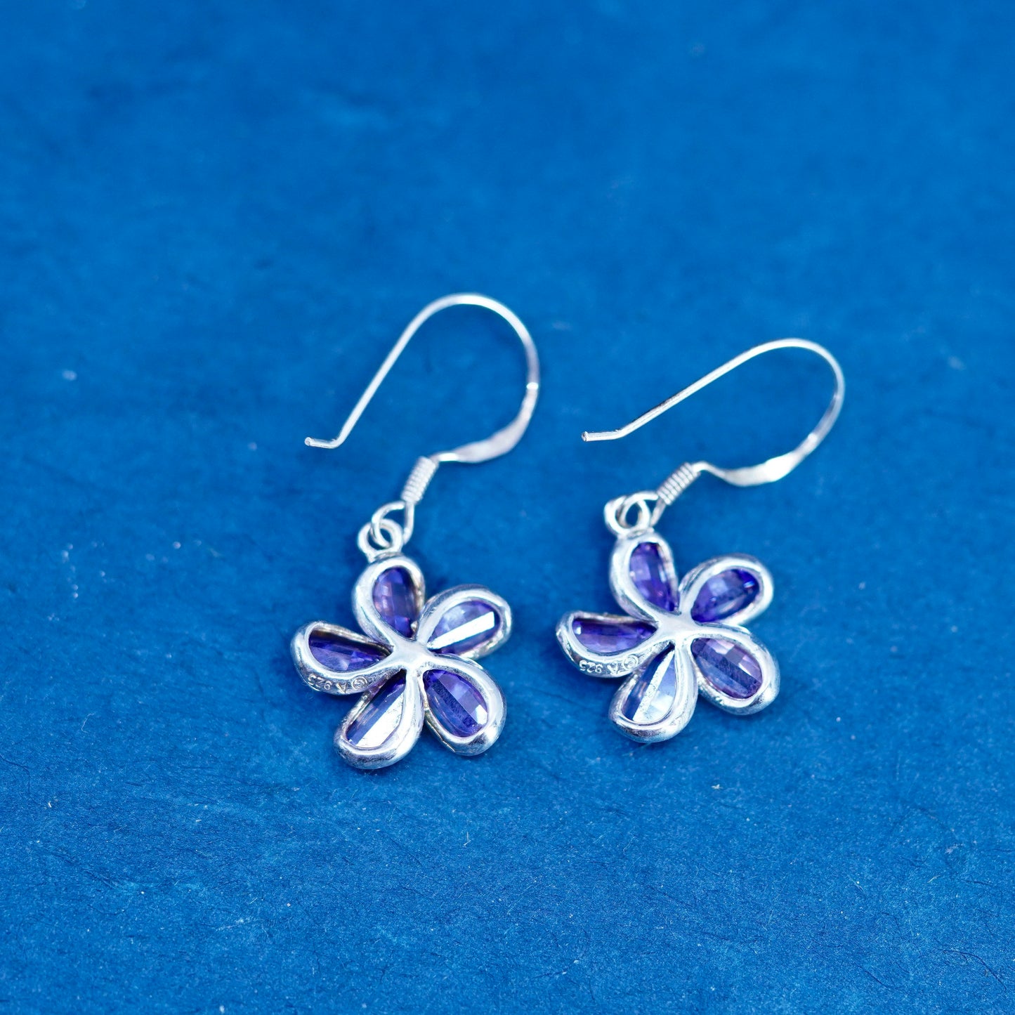 Vintage sterling 925 silver handmade plumeria flower earrings with amethyst