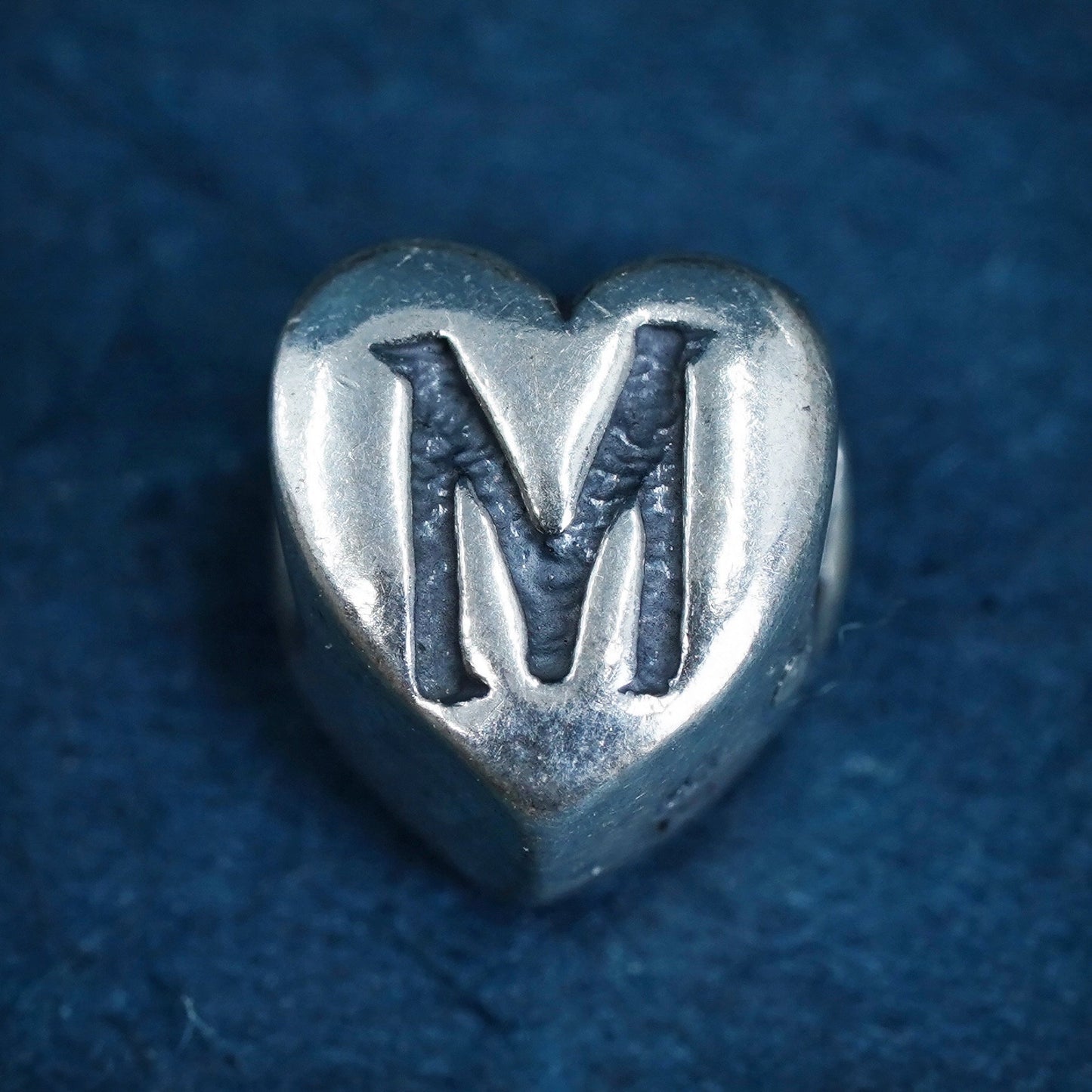 Vintage sterling silver pendant, 925 heart bead charm Embossed initial “m”