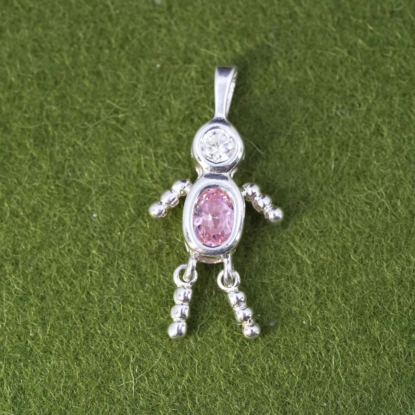 sterling 925 silver birthstone handmade pendant with pink cz boy figure charm