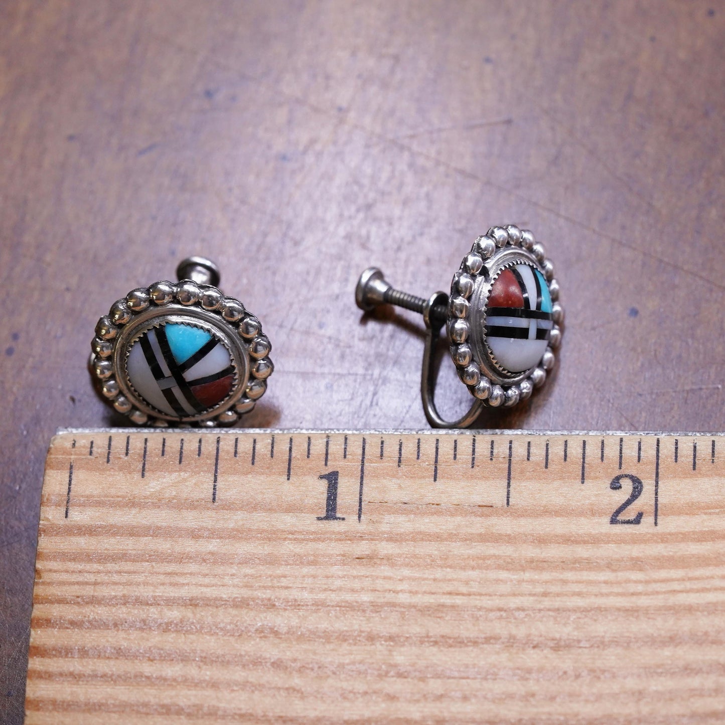 sterling silver earrings, Zuni Sunface 925 screw back mother of pearl turquoise