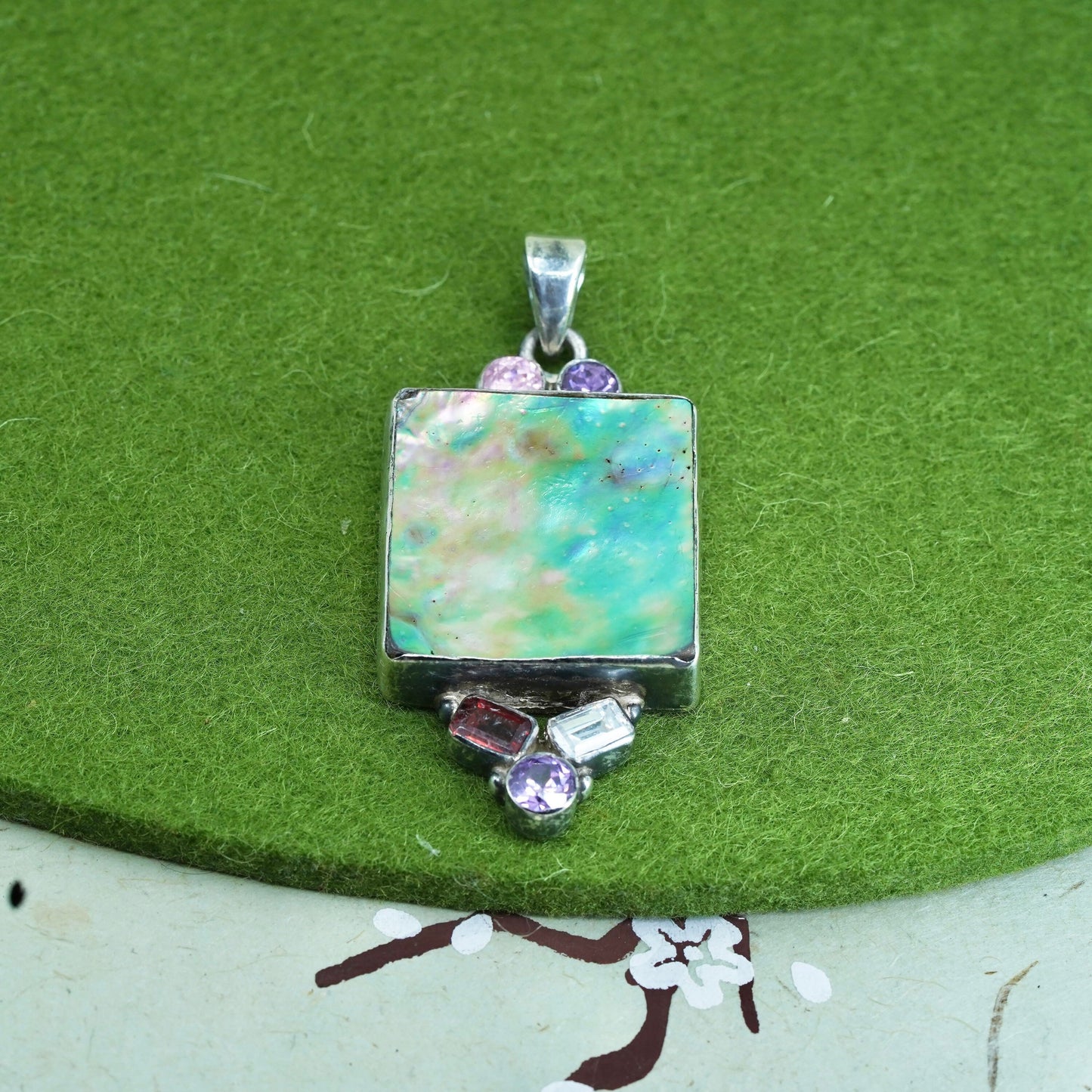 Vintage Sterling 925 silver handmade pendant with amethyst cz and abalone inlay