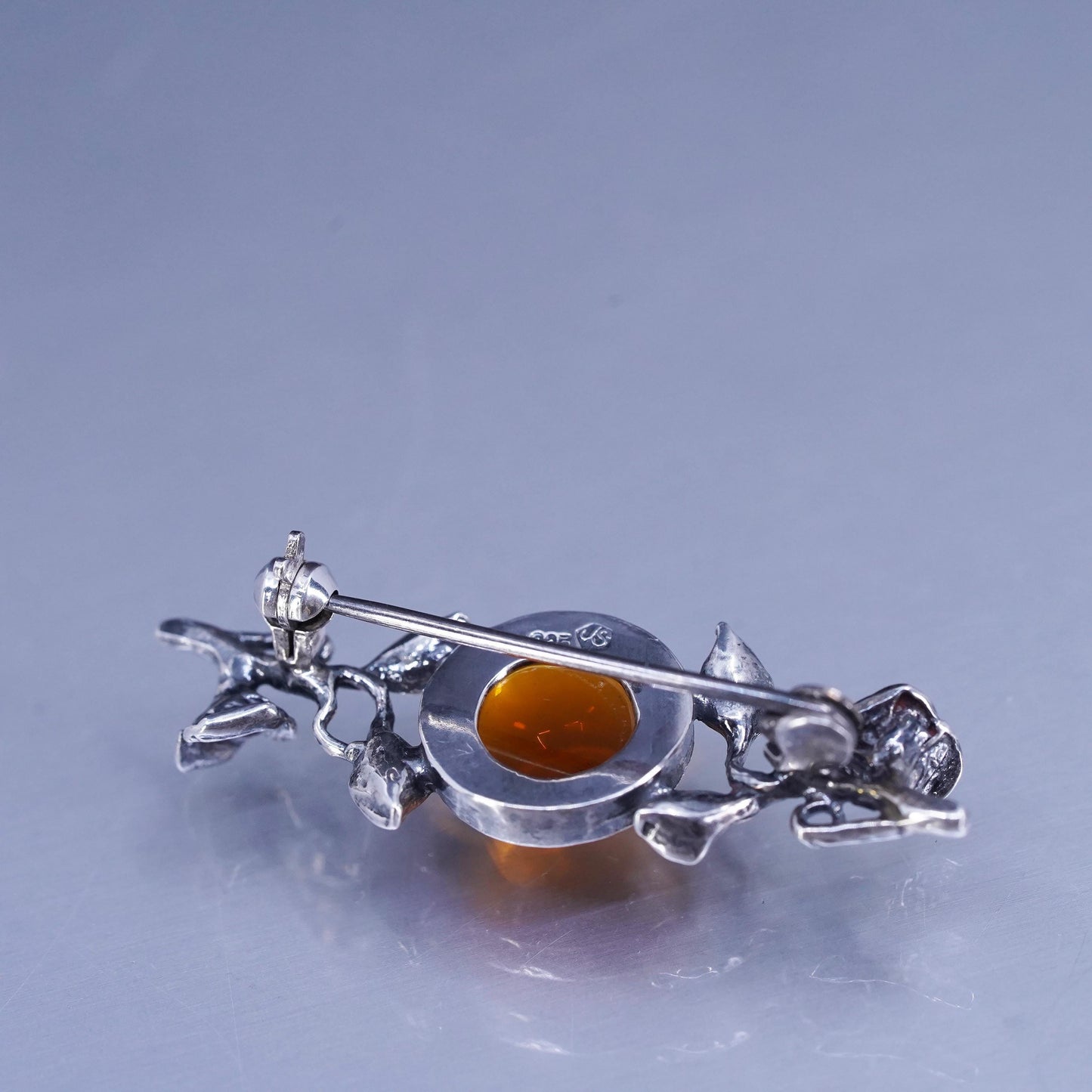 Vintage Sterling 925 silver handmade brooch, leaves vine pin with amber