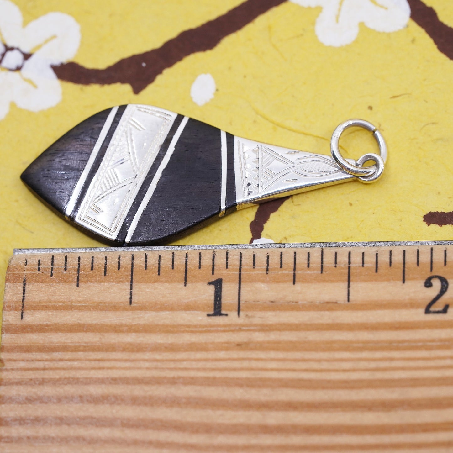 Vintage Sterling 925 silver handmade teardrop pendant with black wood