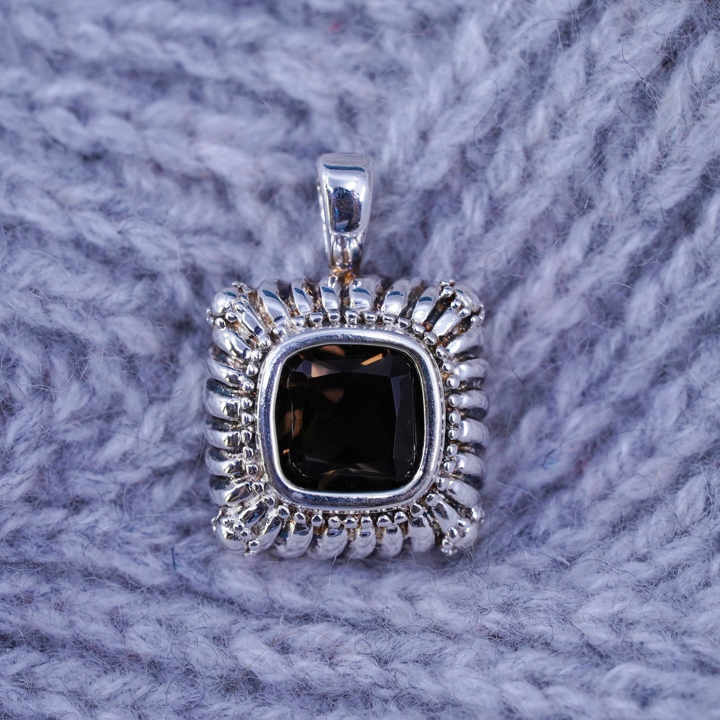 Vintage Sterling 925 silver handmade square pendant with smoky quartz