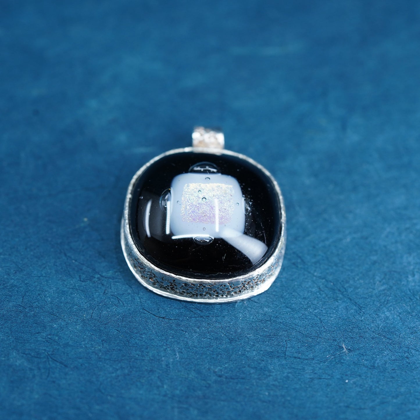 Vintage Mexico sterling 925 silver handmade pendant with black dichroic glass