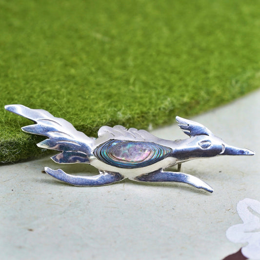 Vintage sterling silver handmade brooch, 925 bird runner bird pin with abalone