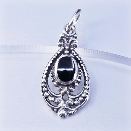 Vintage Sterling silver handmade charm, 925 teardrop pendant with onyx inlay