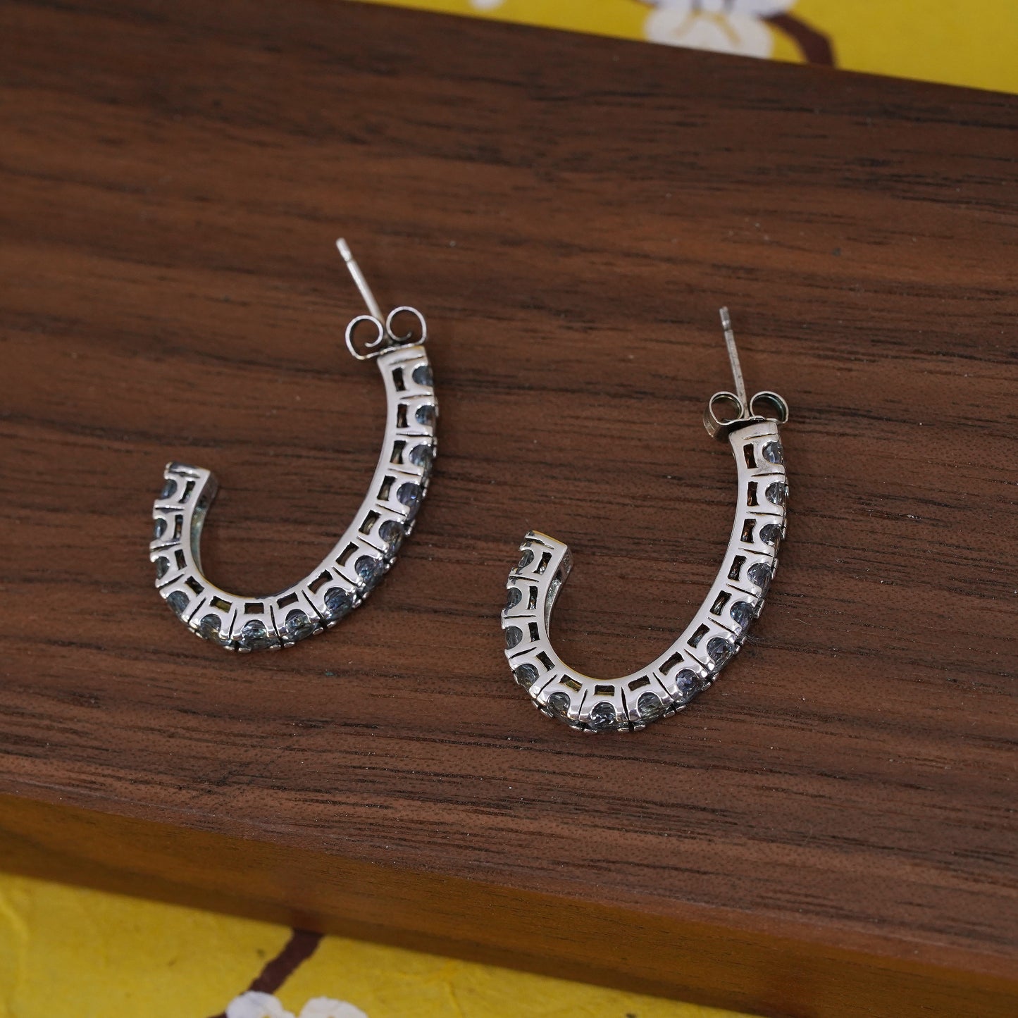 1", vintage Sterling silver huggie earrings, 925 studs with blue crystal