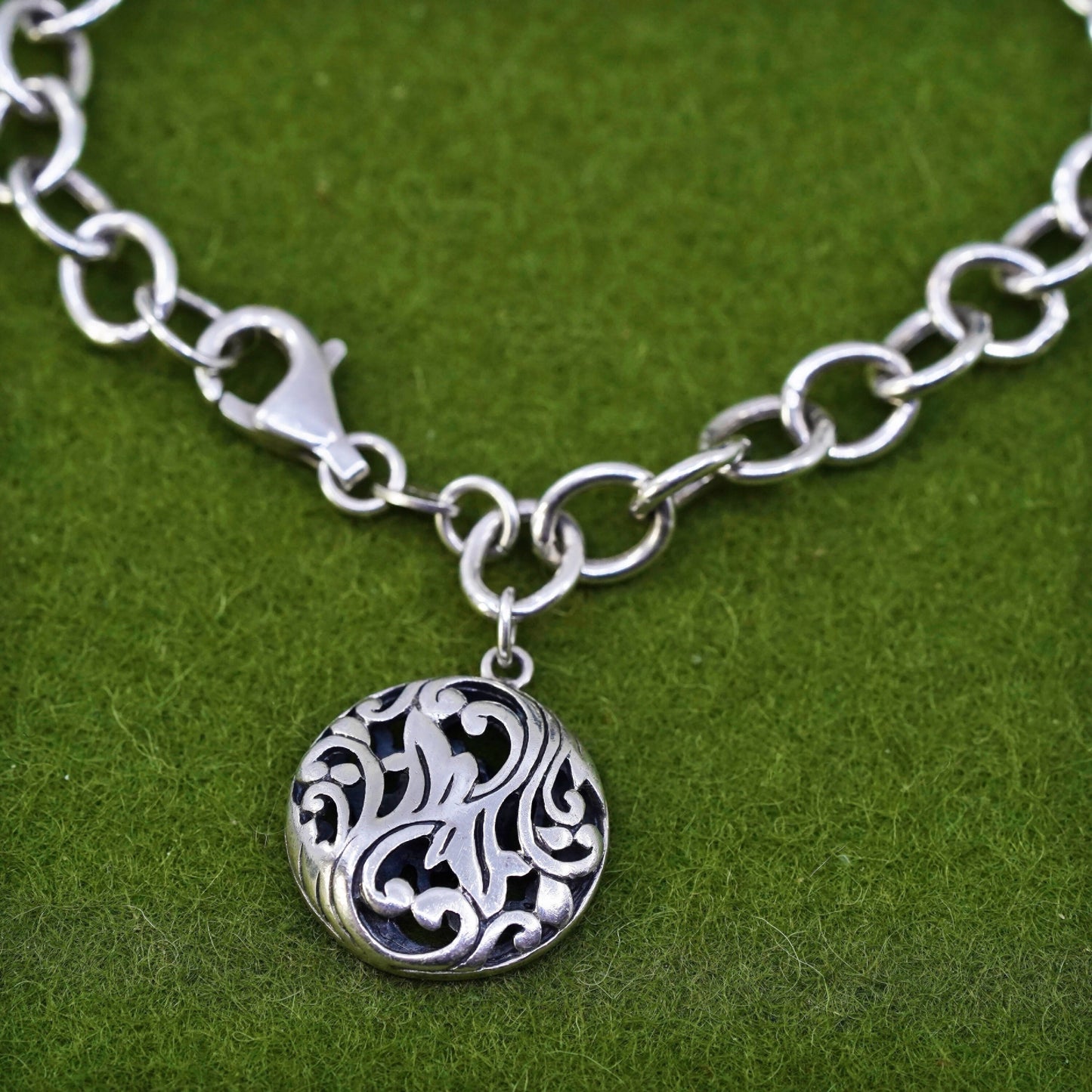 7", sterling 925 silver circle link charm bracelet with filigree circle charm