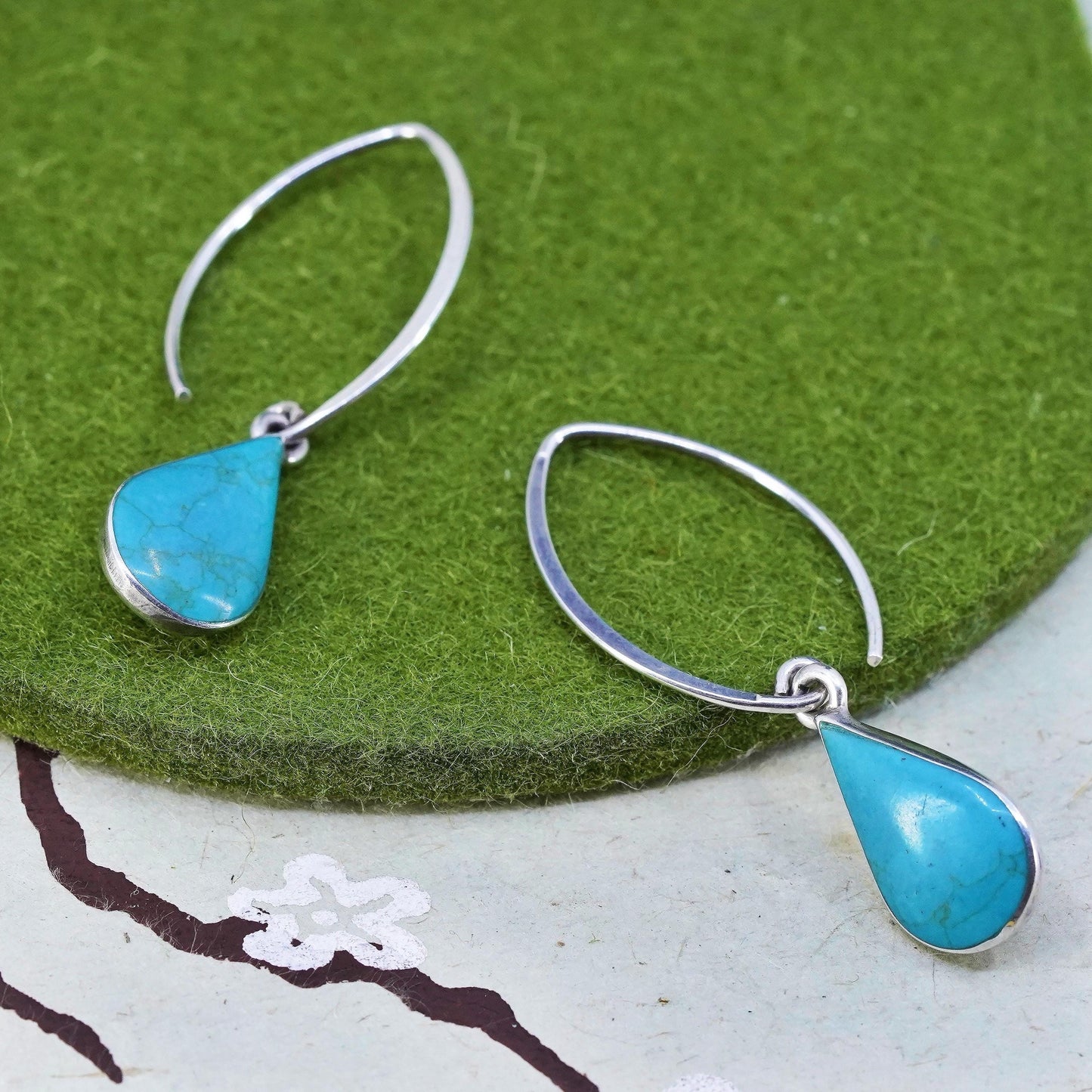 Vintage sterling 925 silver handmade teardrop earrings with turquoise