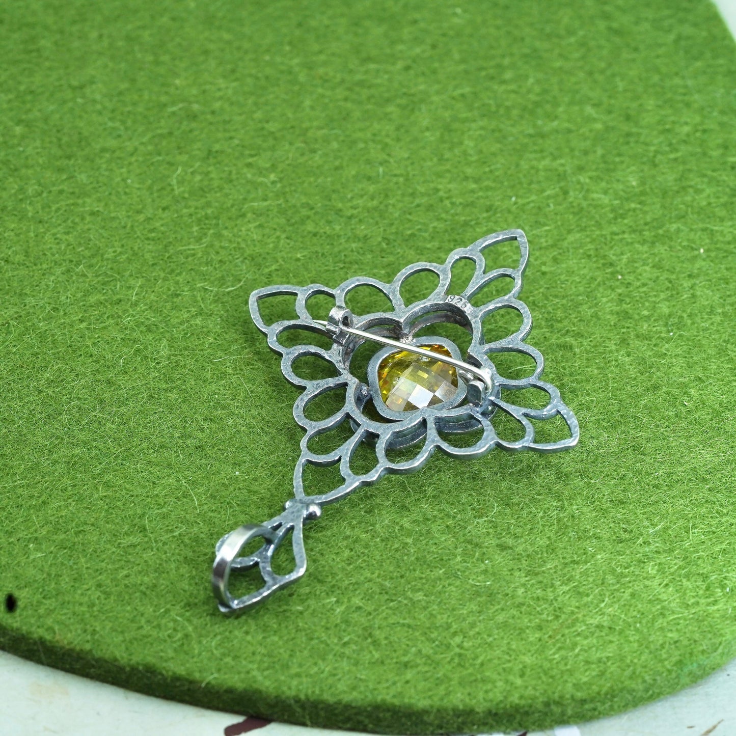 sterling silver handmade brooch, 925 floral filigree snowflake pendant citrine