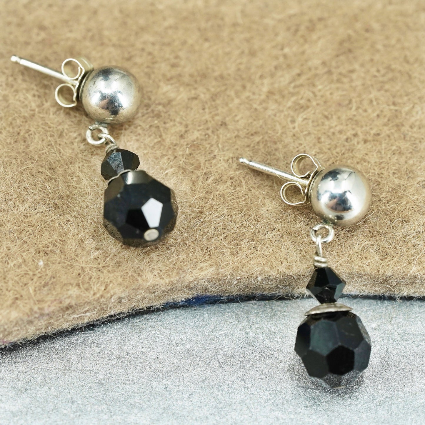 Vintage Sterling 925 silver handmade earrings with obsidian beads