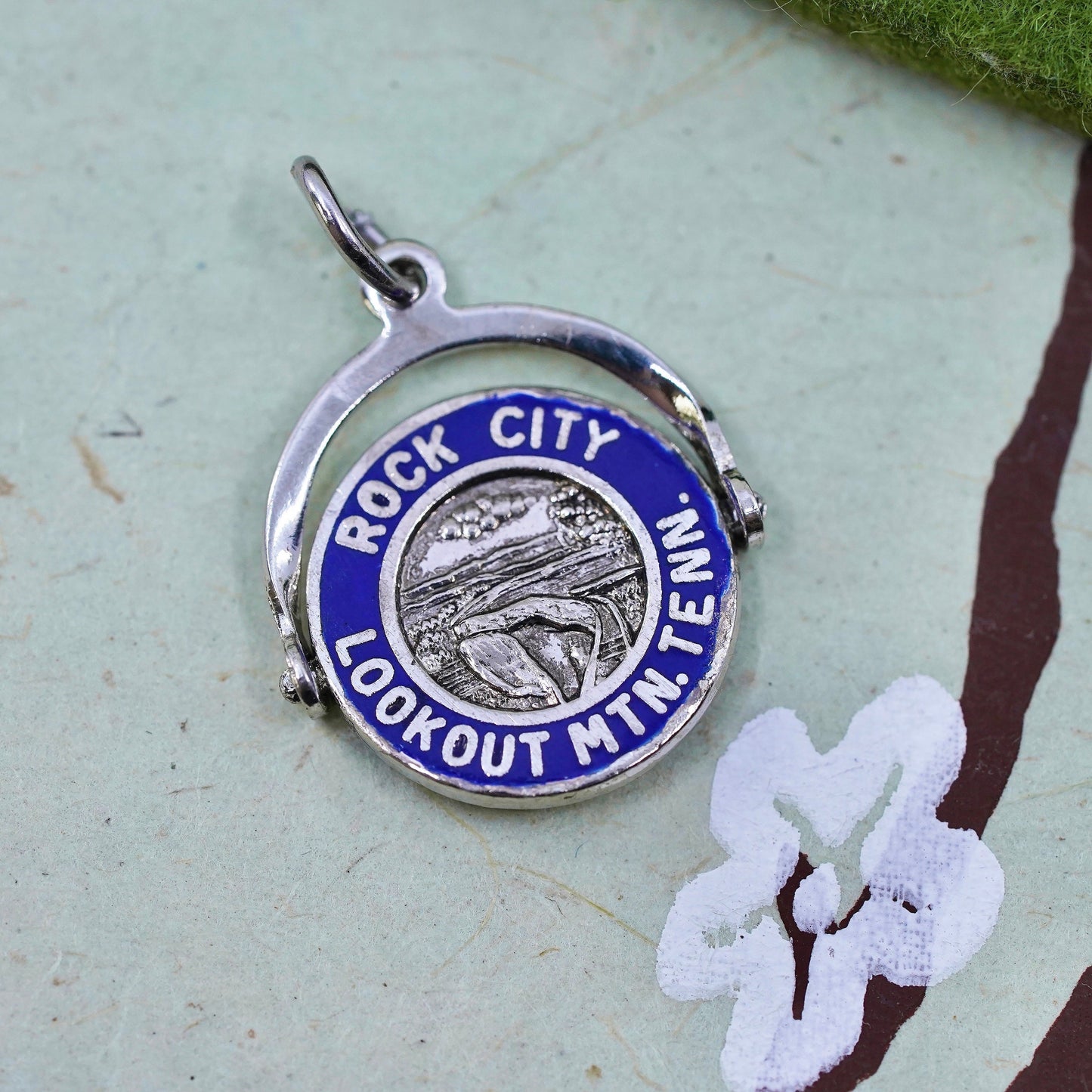 sterling silver pendant, 925 enamel tag charm “Rock City lookout Mtn. Tenn.”