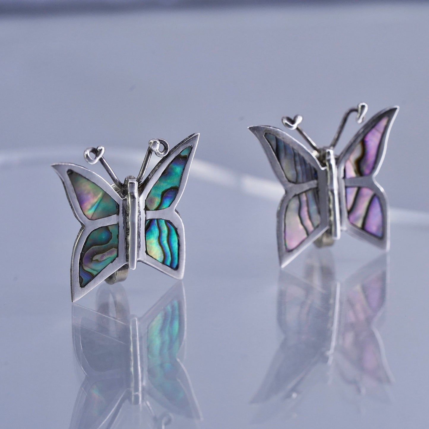 Vintage Sterling 925 silver handmade earrings, butterfly screw back w/ abalone