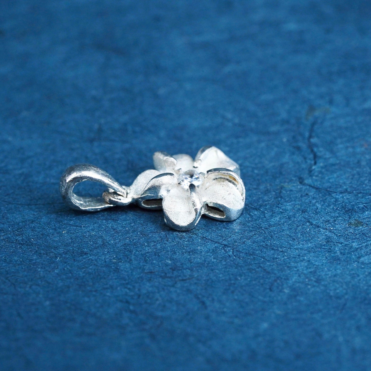 Vintage Sterling silver handmade pendant, 925 plumeria flower with cz