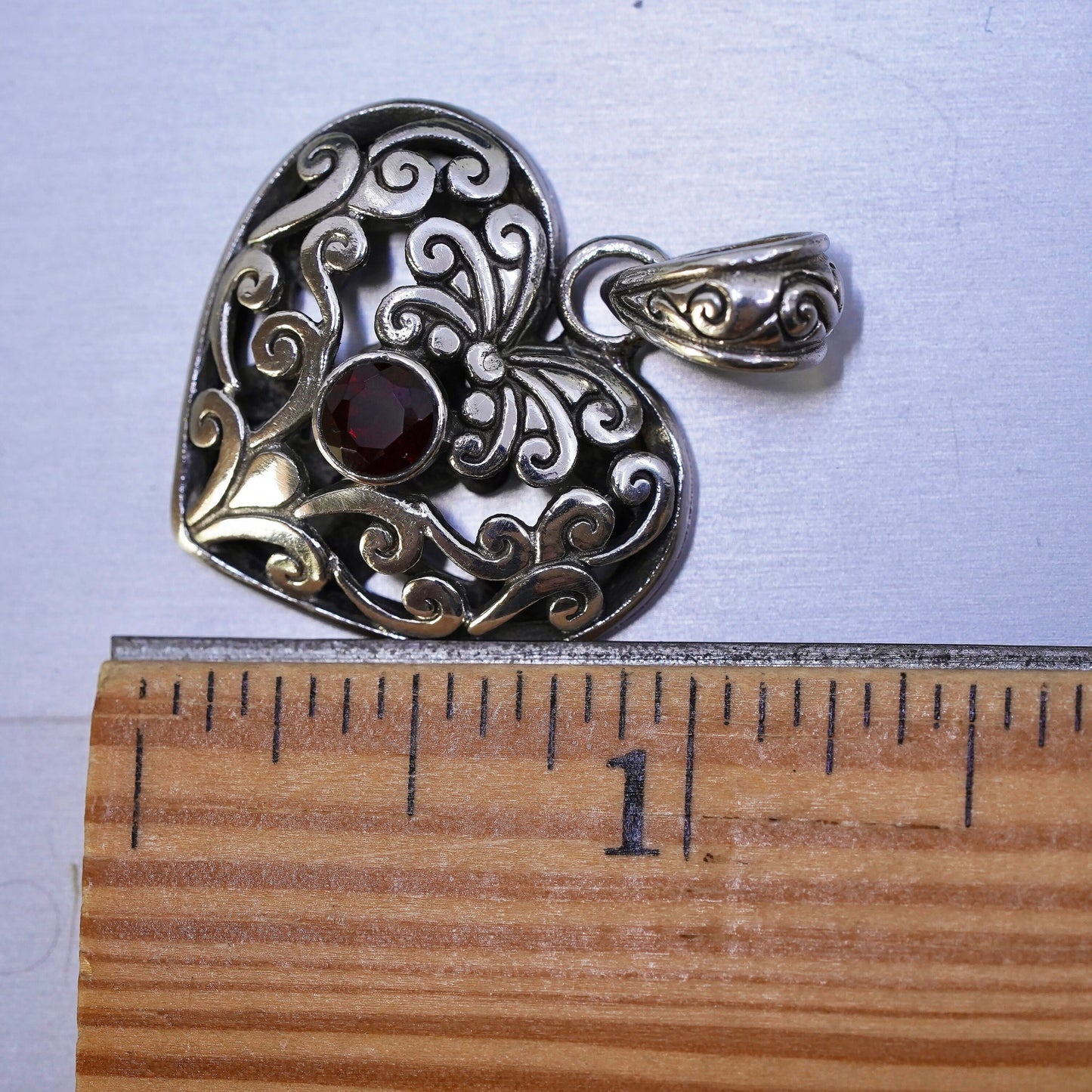 vintage sterling silver handmade pendant, 925 filigree heart charm with garnet