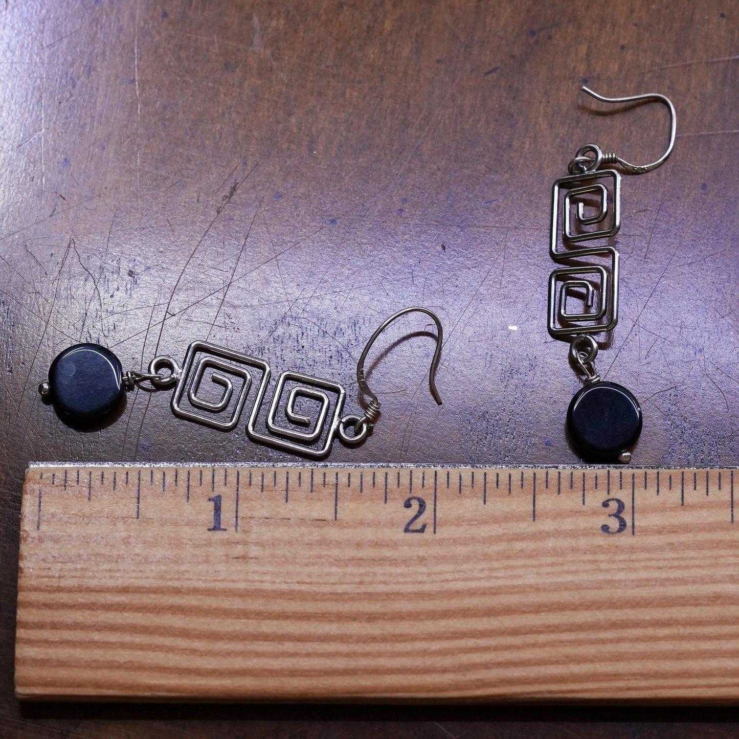 Vintage Sterling silver handmade earrings, 925 Greek key dangle with onyx