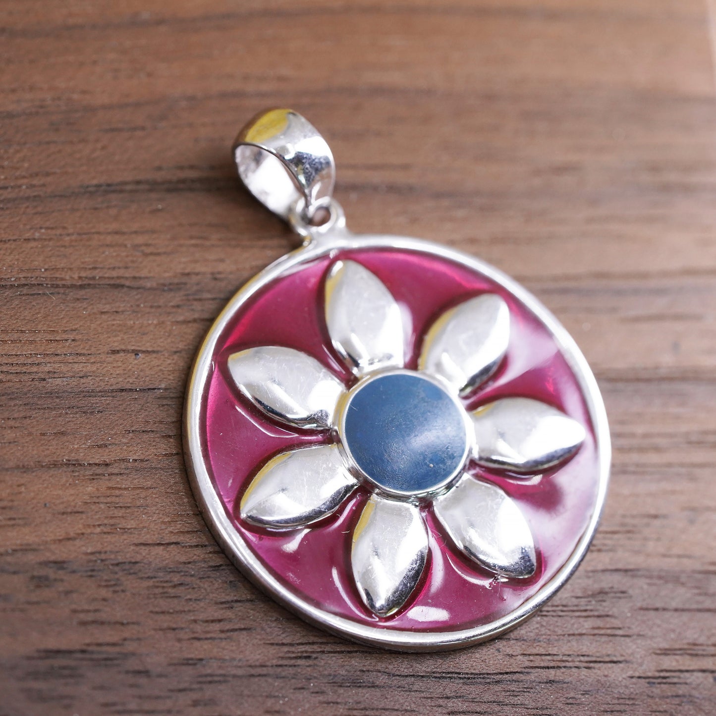 Sterling silver flower pendant, 925 circle charm with enamel and turquoise