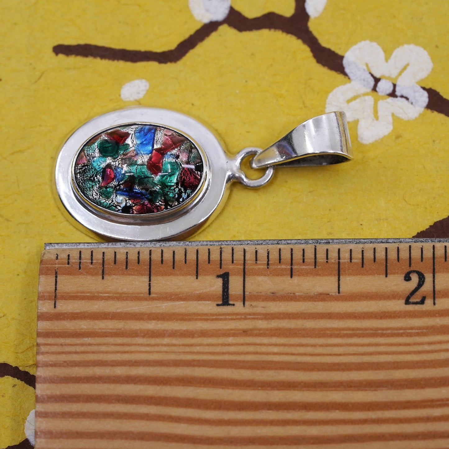 VTG Sterling 925 silver handmade pendant with vivid colored foil glass, unique