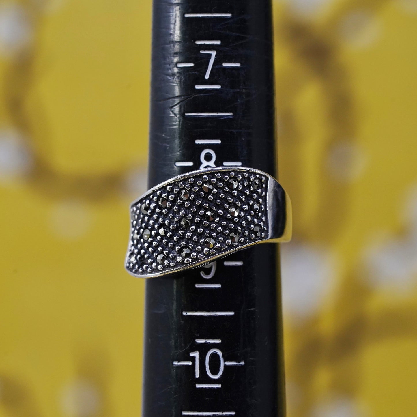 Size 8, Sterling silver handmade ring, southwestern, 925 wavy band marcasite