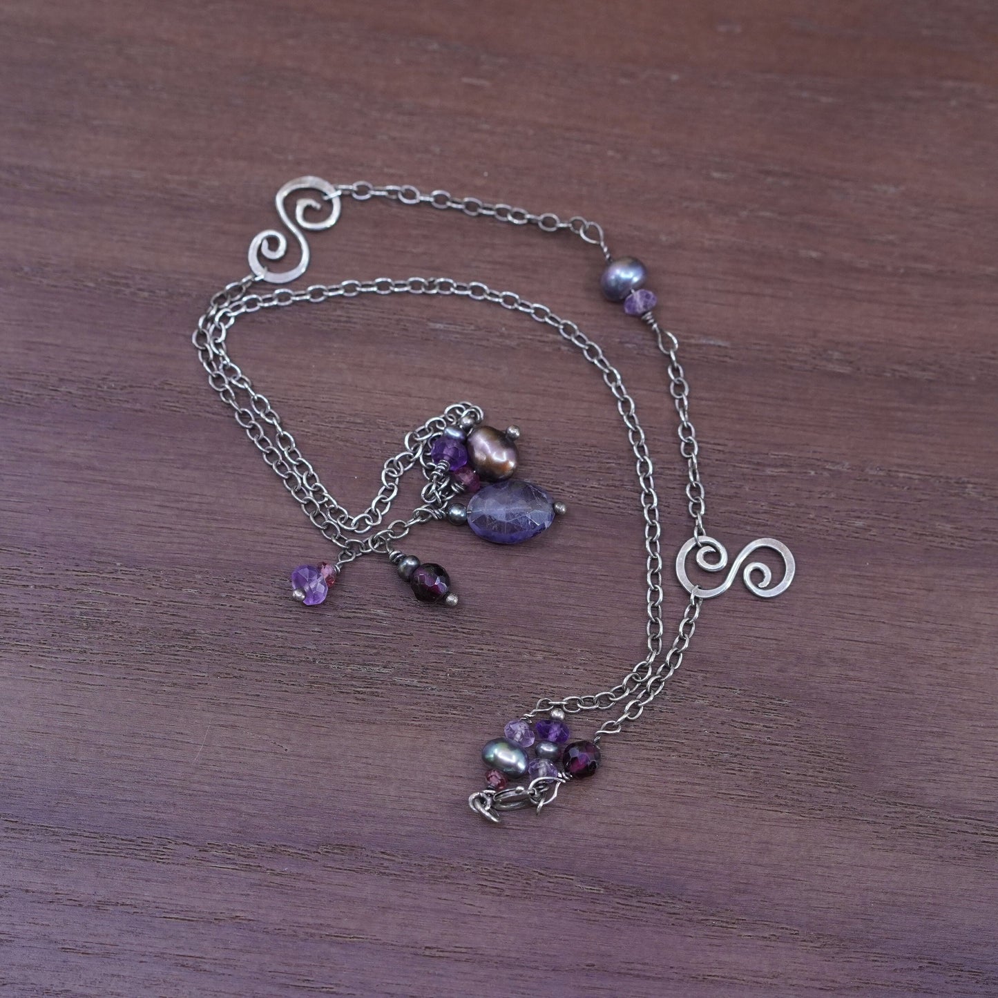 16”, sterling silver necklace, 925 circle chain pearl amethyst garnet pendant