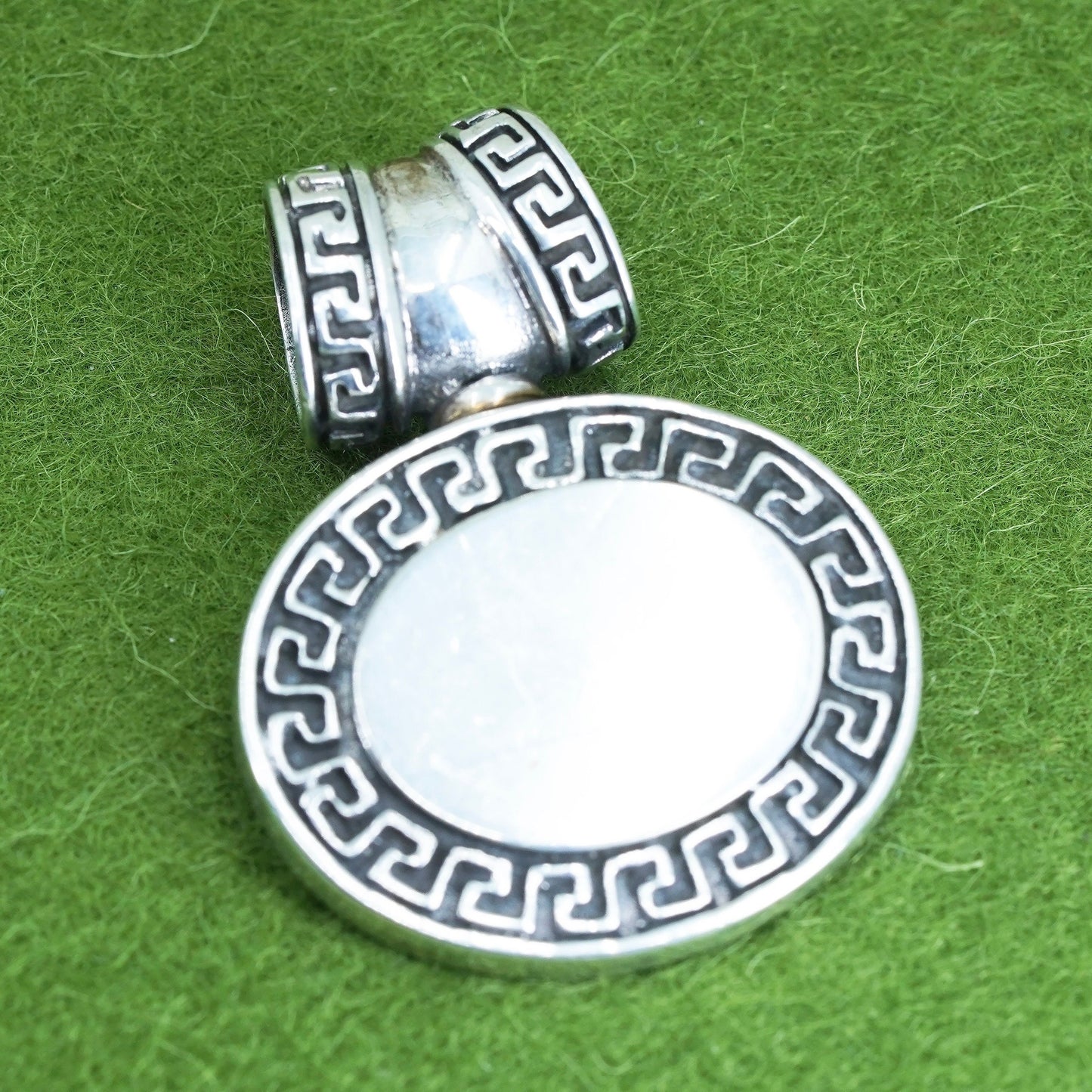 Vintage sterling 925 silver handmade blank oval greek key textured pendant