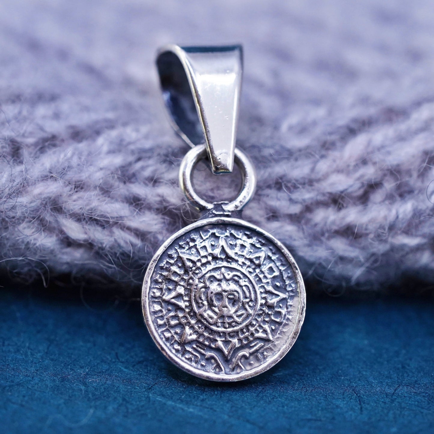 Vintage Sterling silver handmade pendant, solid 925 silver Mayan calendar