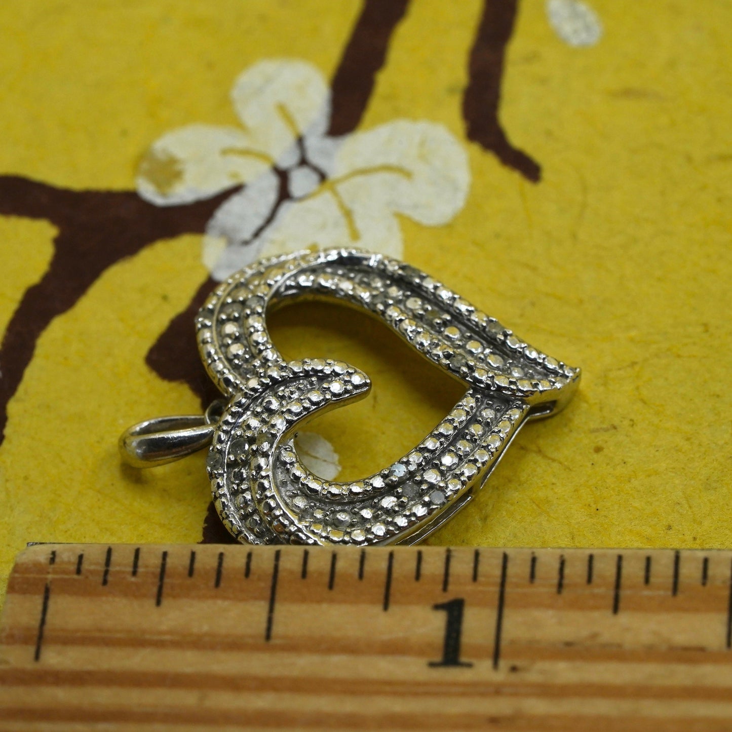 Vintage sterling silver pendant, 925 heart with cluster genuine diamond