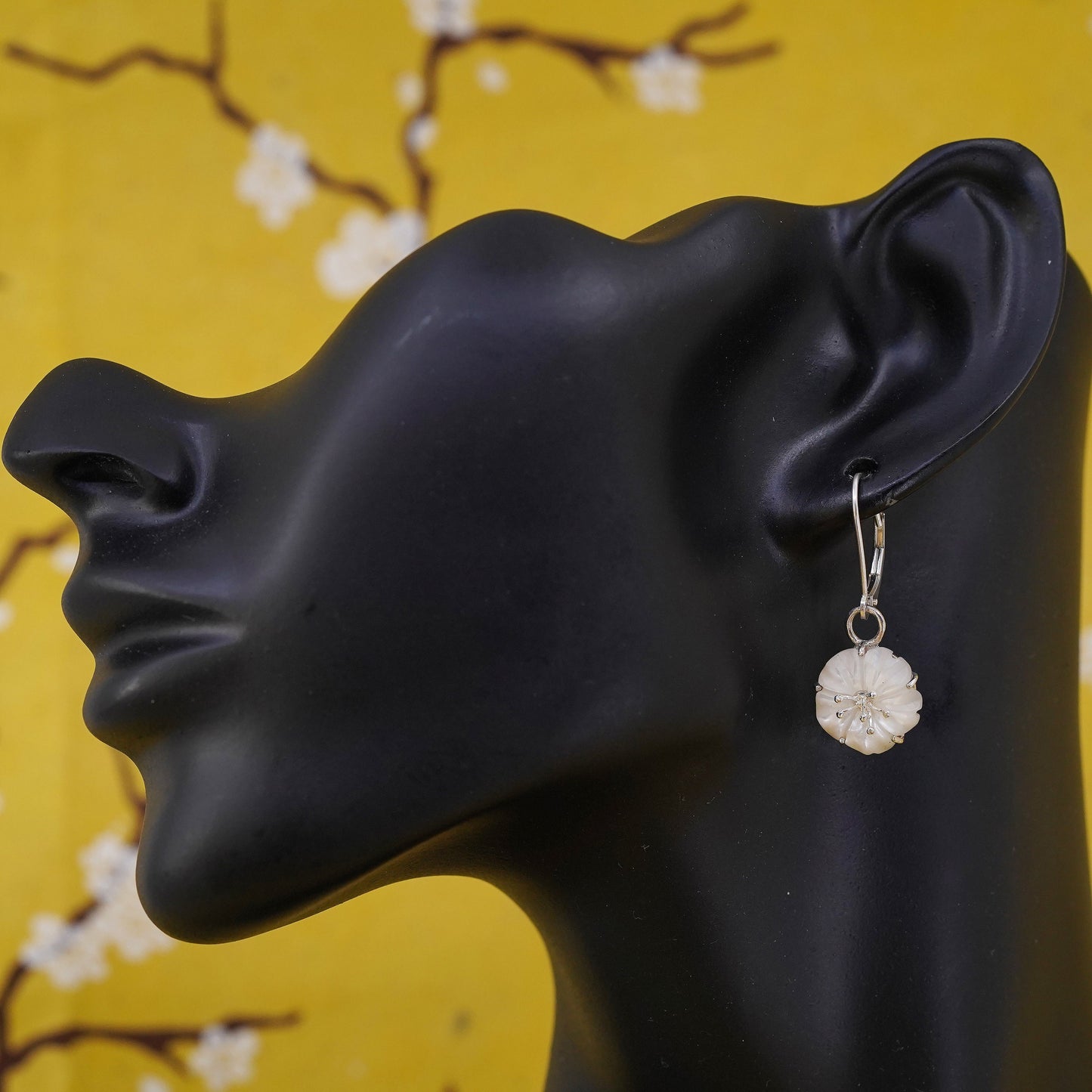 Vintage Sterling silver earrings, 925 plumeria flower dangles mother of pearl