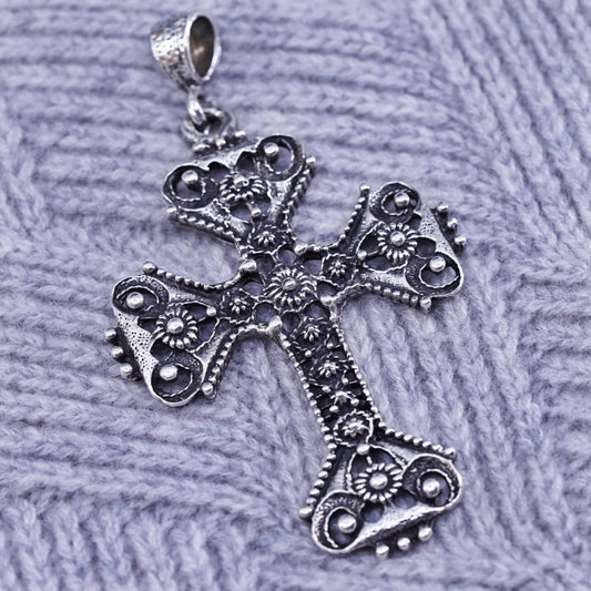 Mexican Sterling silver handmade pendant, huge 925 bead textured cross charm