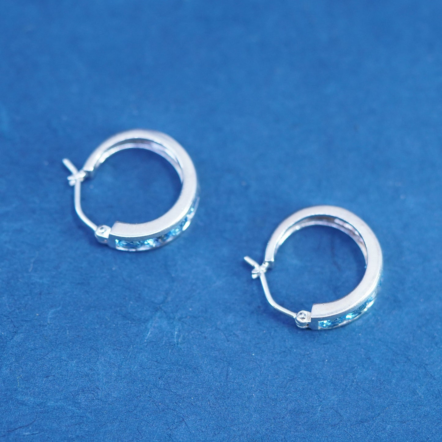 0.75”, vintage Sterling silver handmade hoop earrings, 925 huggie with blue cz