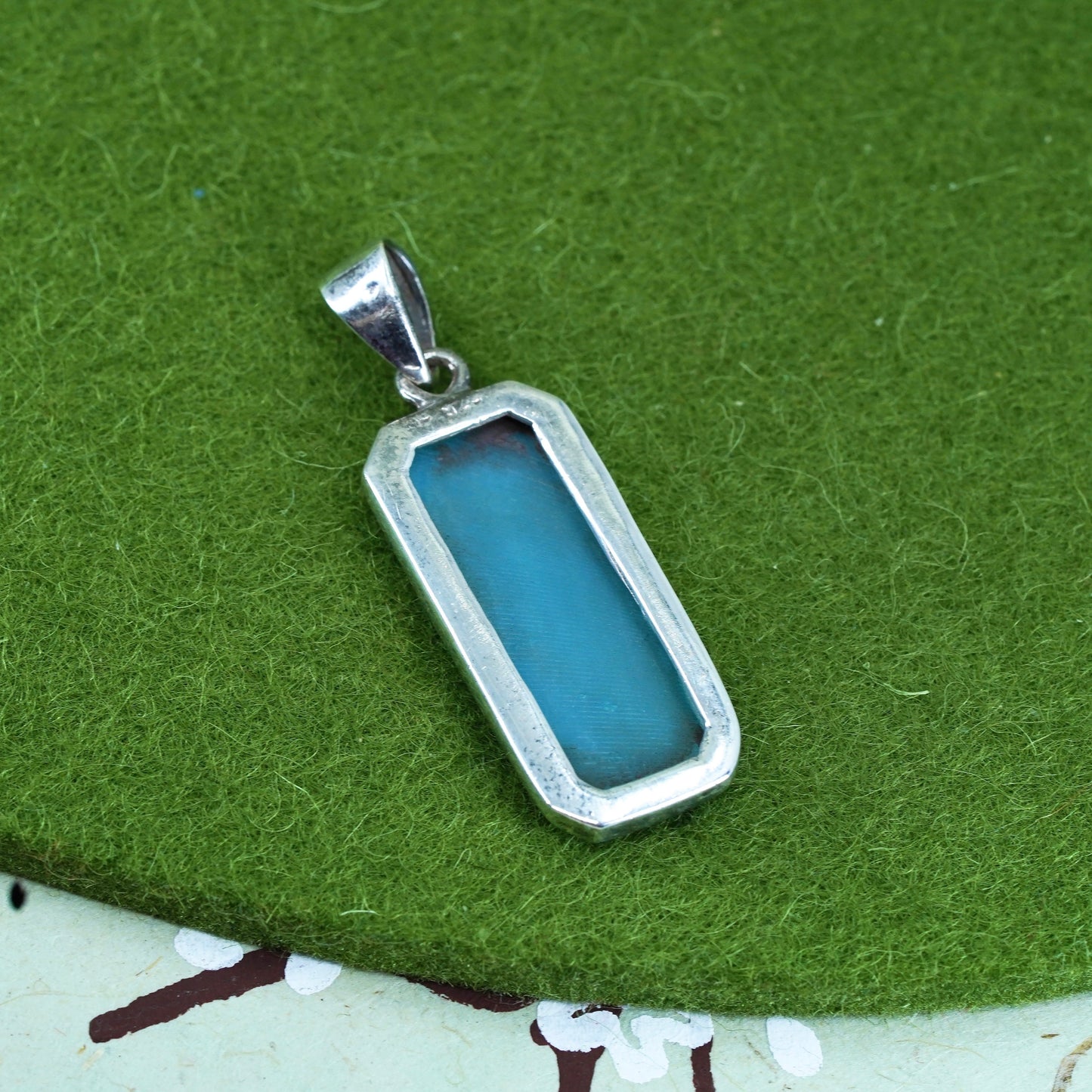 Vintage sterling silver handmade pendant, 925 rectangular charm w/ blue enamel