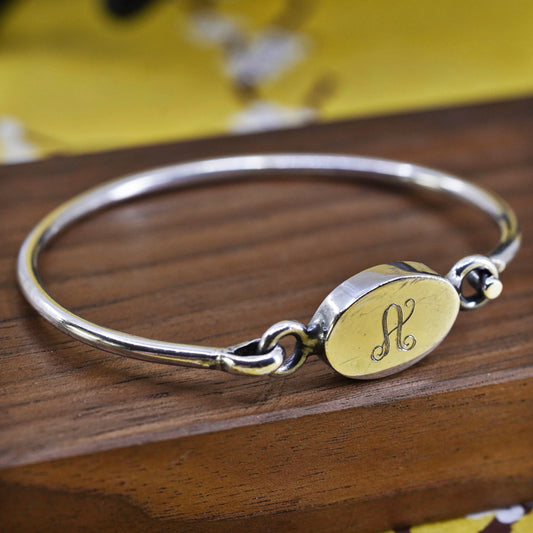 6.5”, sterling silver bracelet, 925 bangle with name tag monogram letter “A”