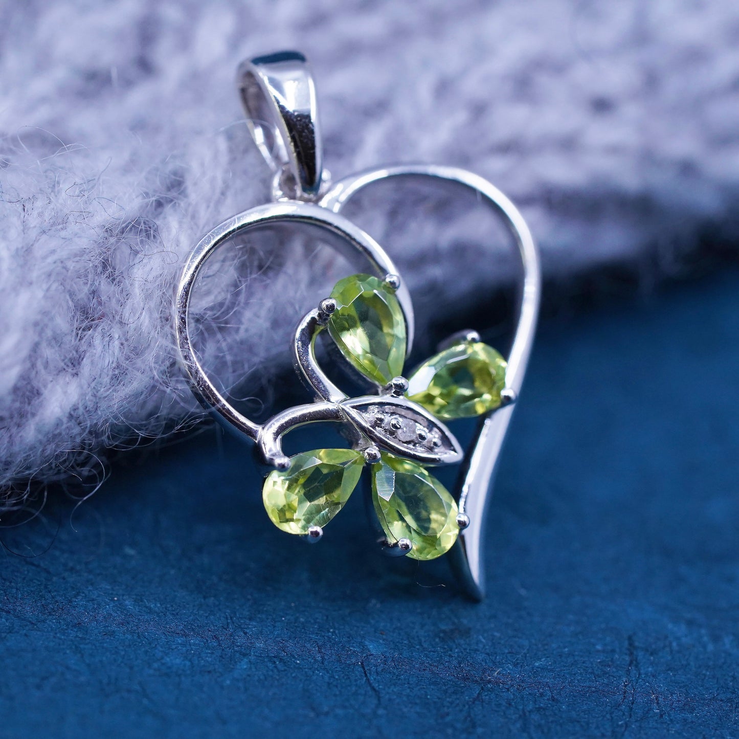 Vintage Sterling 925 silver handmade butterfly heart pendant with green peridot