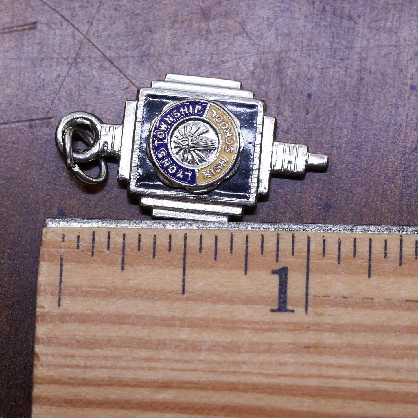 Vintage silver tone pendant, Lyons Township charm with enamel