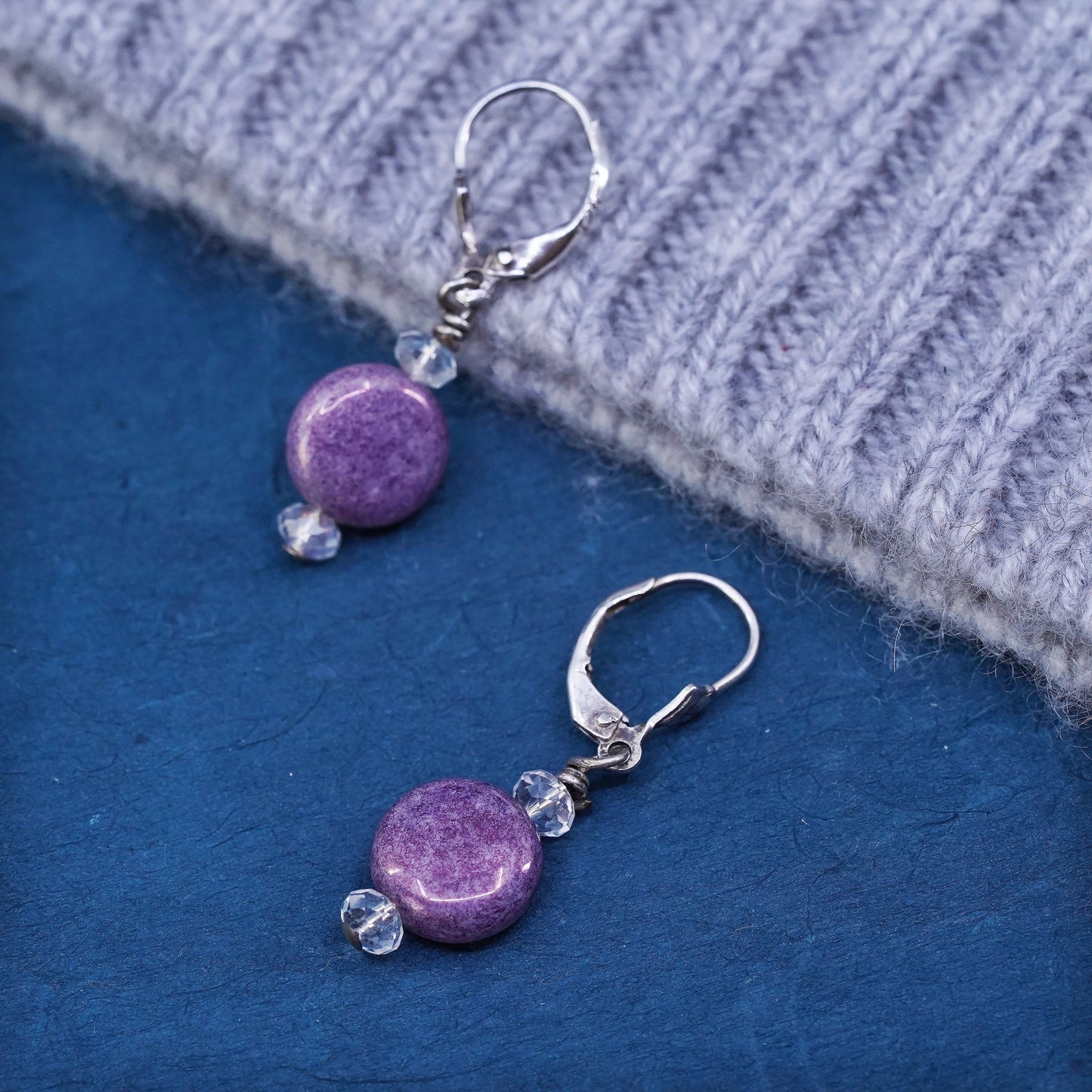 Vintage sterling 925 silver handmade earrings, with purple disc